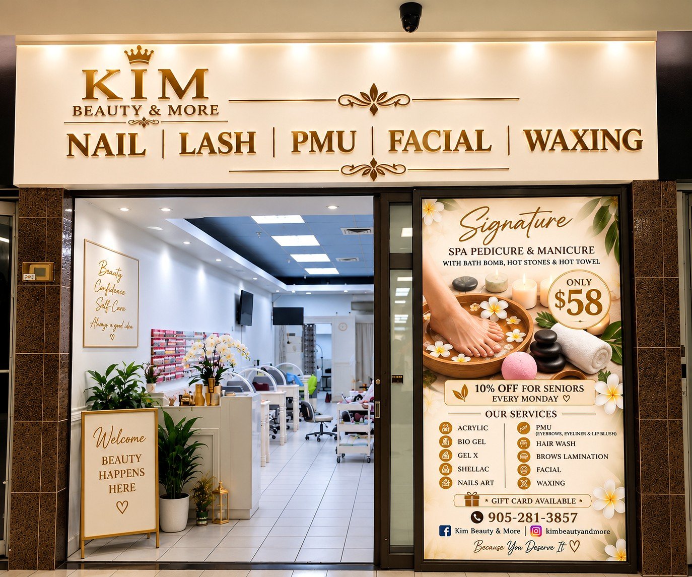 Kim Beauty And More storefront, with nail, lash, PMU, facial and waxing on the sign