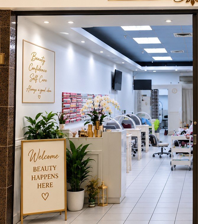 Inside Kim Beauty And More, with manicure desks, orchids and a welcome sign