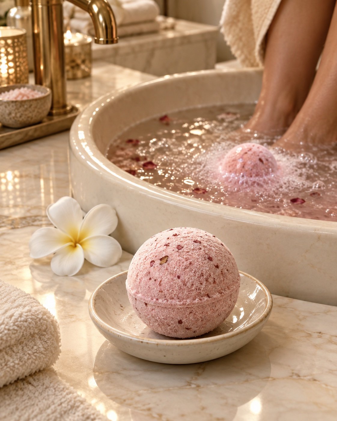 Round bath bomb beside a gently fizzing pedicure foot soak