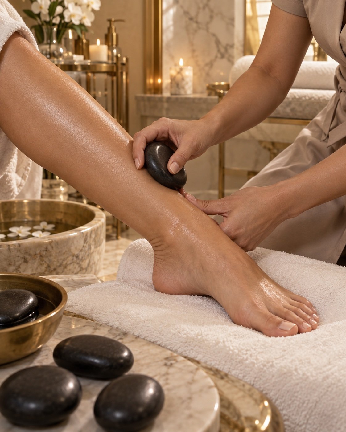 Warm black stone used for a gentle pedicure massage
